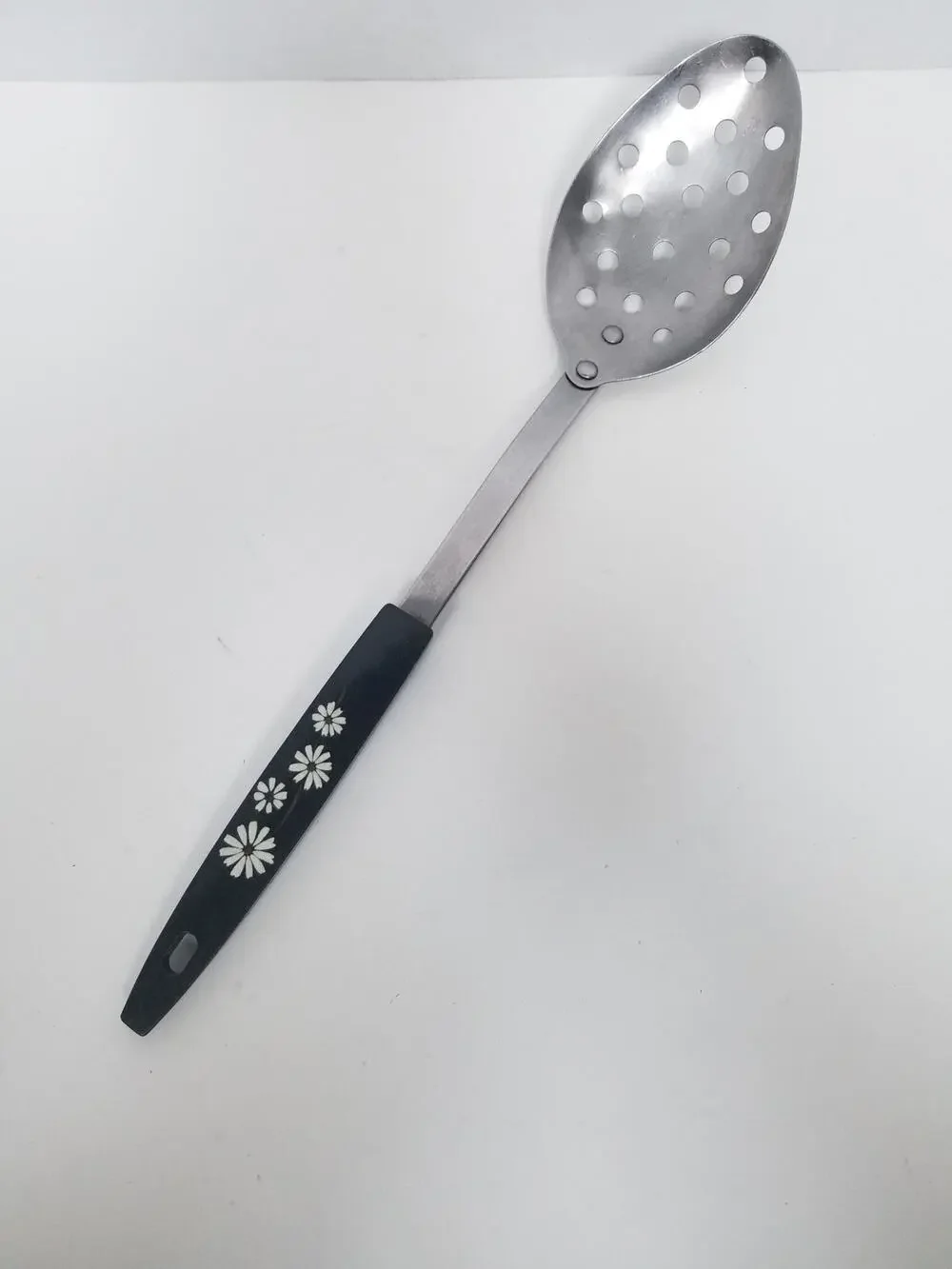 Ekco Stainless USA Black Handle & White Daisy Pattern Slotted Spoon MCM Vtg